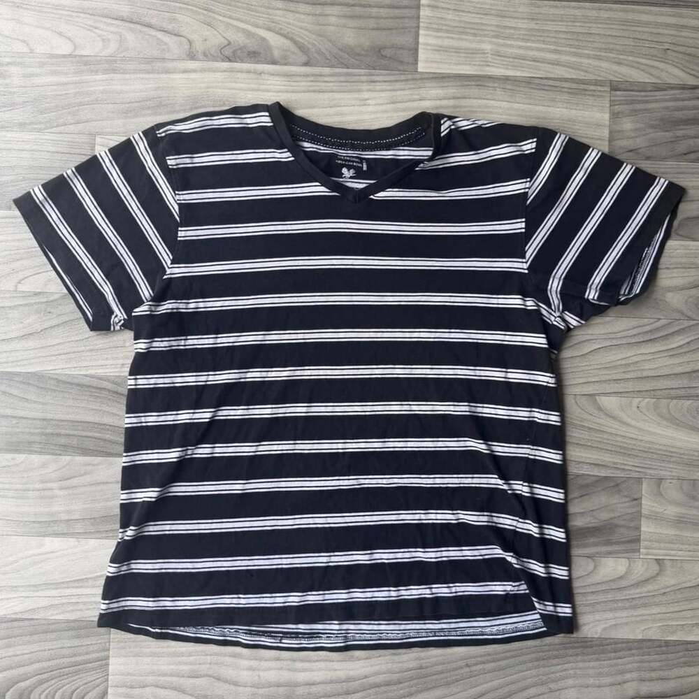 American Eagle Striped V-Neck T-Shirt Size L Black White Y2K